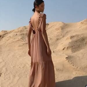 SCARLETT POPPIES Pom Pom Cotton Gauze Maxi Dress Clay Tan Sz M {D16}